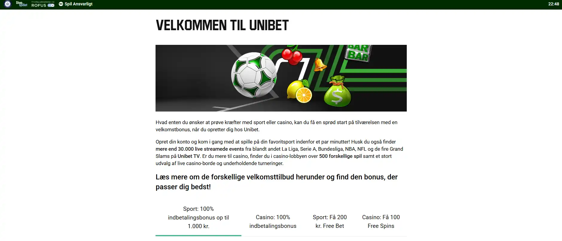 Unibets aktuelle danske bonusoversigt med casino-velkomstvalg