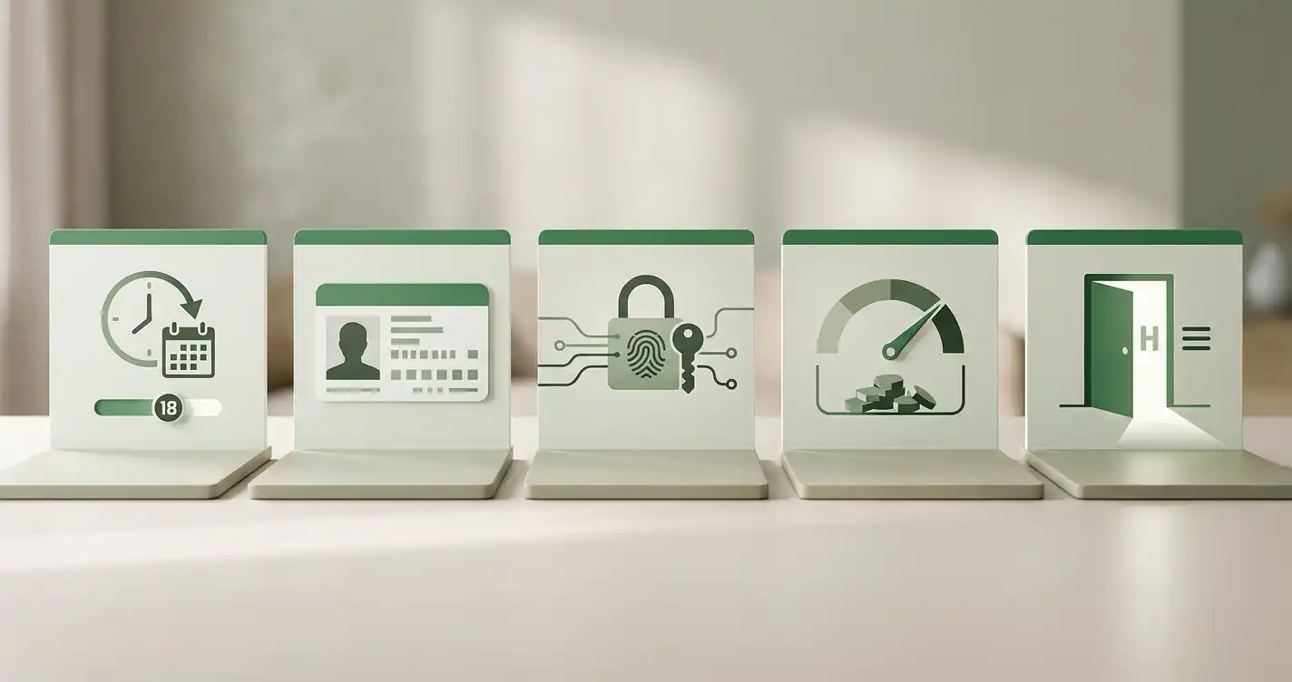 Neutral illustration af dansk konto-forløb med alder, CPR, MitID og indbetalingsgrænse