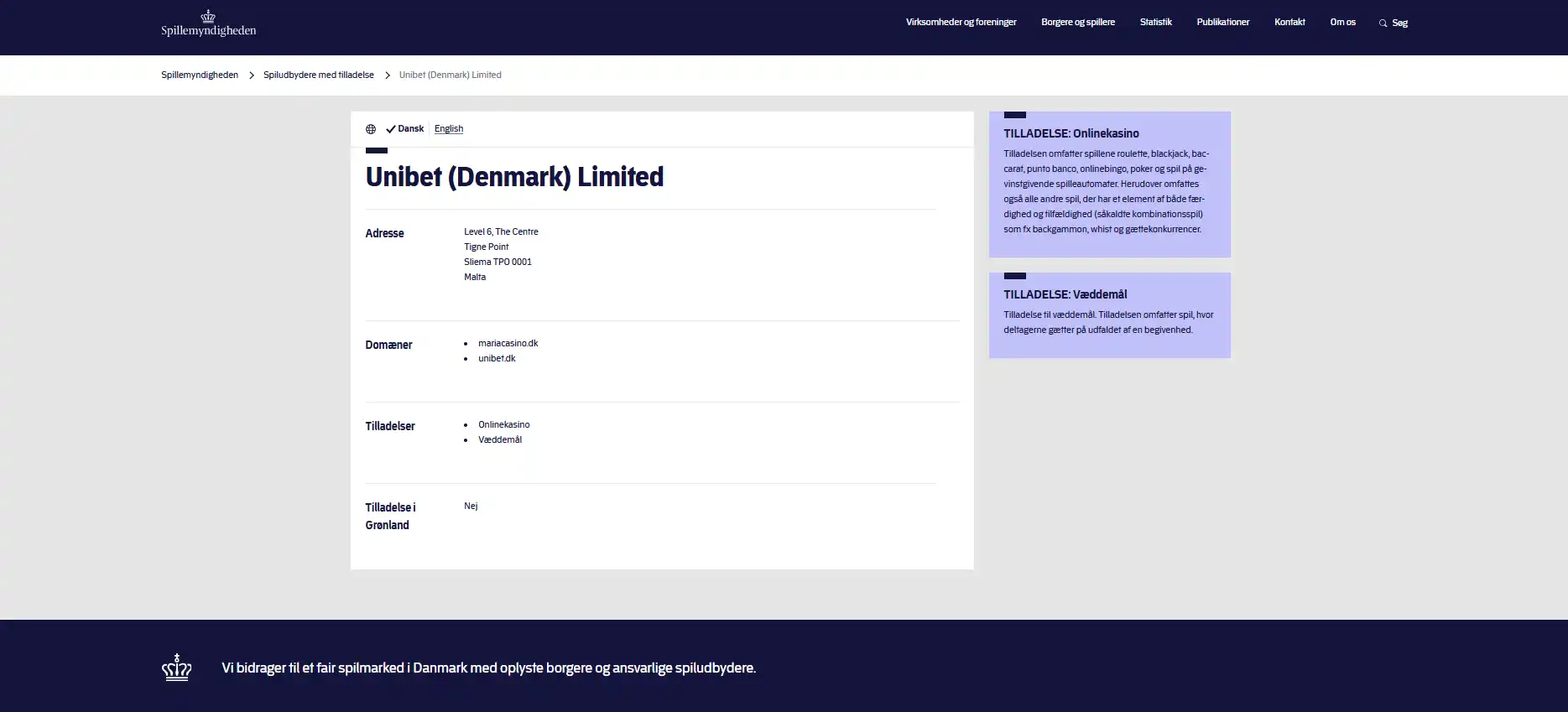 Spillemyndighedens registerpost for Unibet Denmark Limited med unibet.dk og danske tilladelser