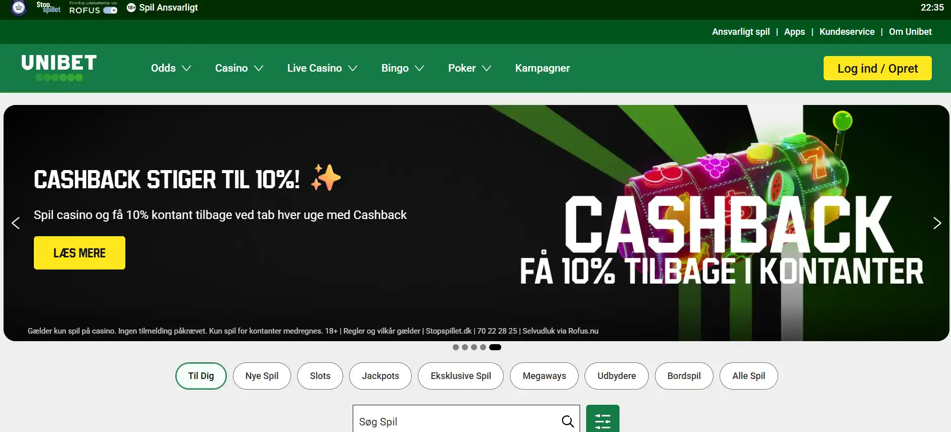 Unibet Danmarks aktuelle casino-forside